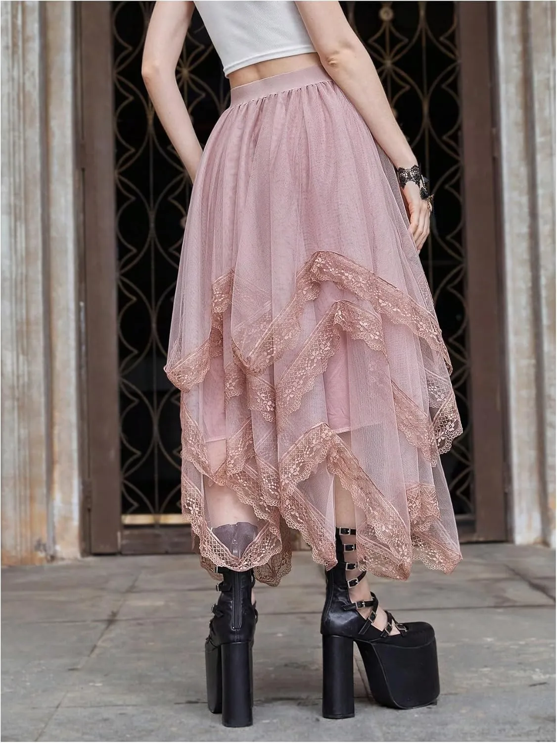 Verdusa Women's Asymmetrical Tulle Skirts Elastic High Waist Ruffle Tiered Mesh Long Skirt