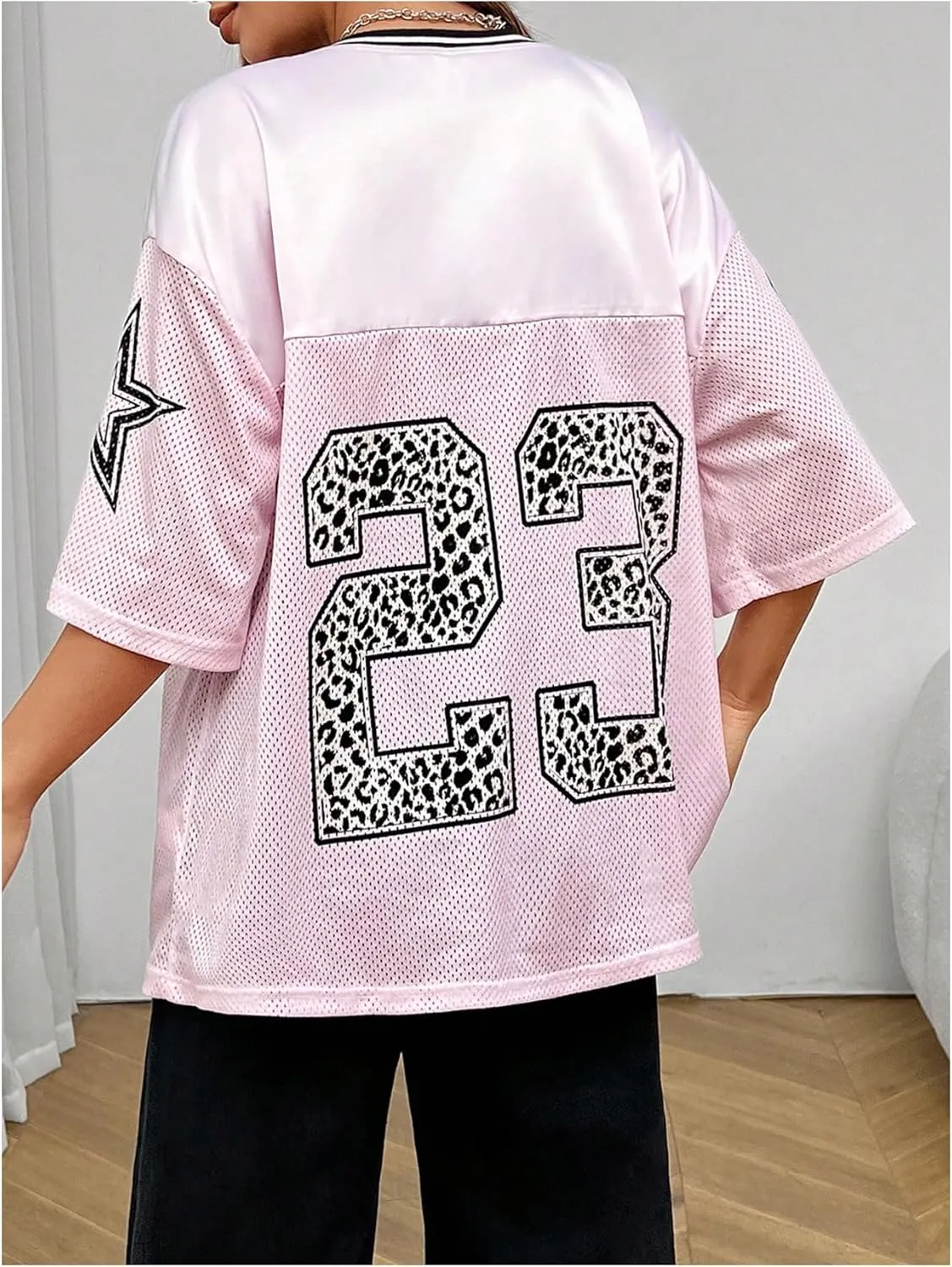 Verdusa Women's Jersey Shirt Oversized Tshirts V Neck 3/4 Sleeve Graphic Tee Tops