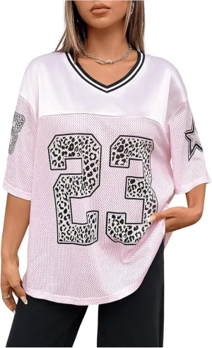 Verdusa Women's Jersey Shirt Oversized Tshirts V Neck 3/4 Sleeve Graphic Tee Tops