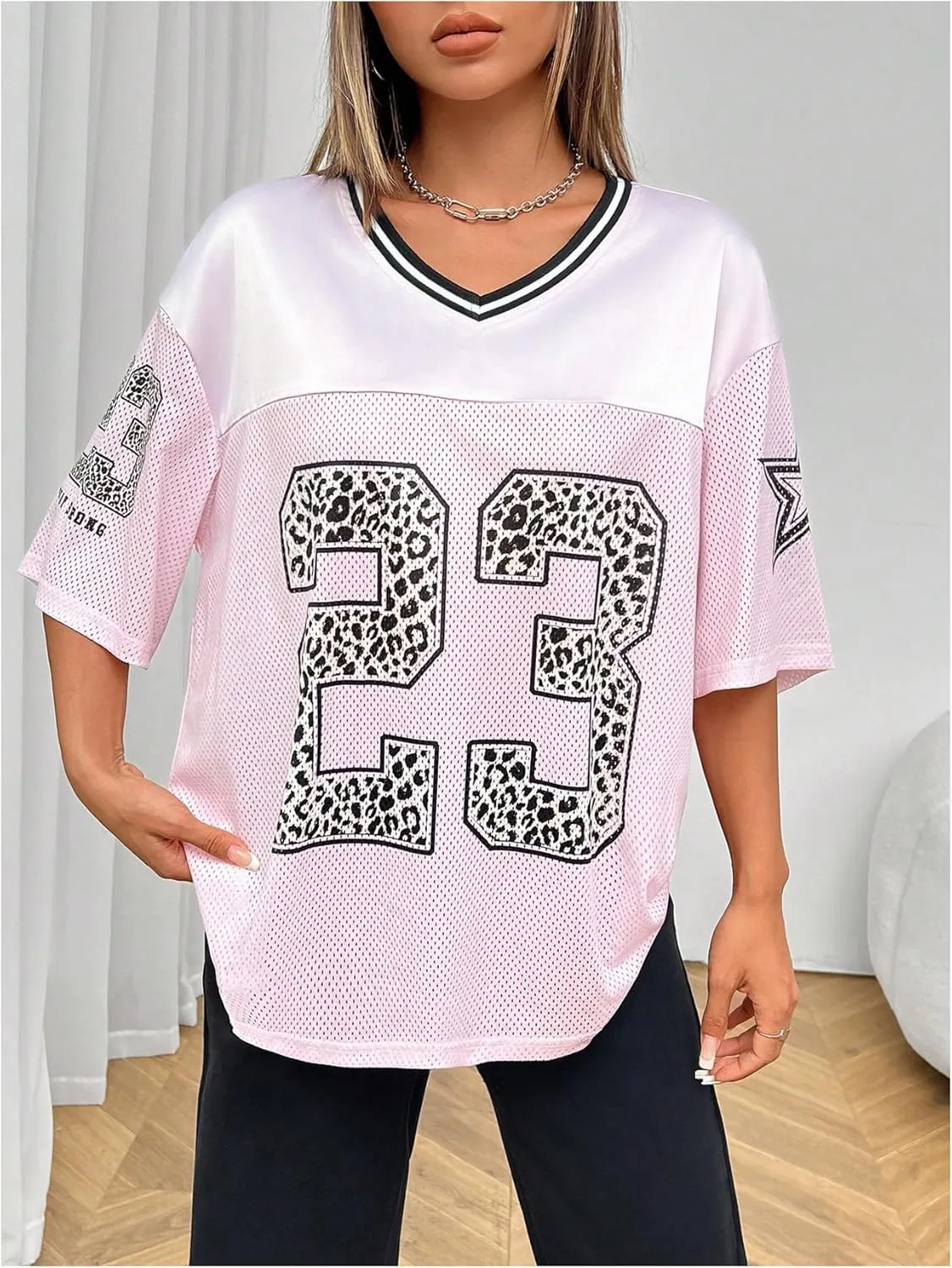 Verdusa Women's Jersey Shirt Oversized Tshirts V Neck 3/4 Sleeve Graphic Tee Tops