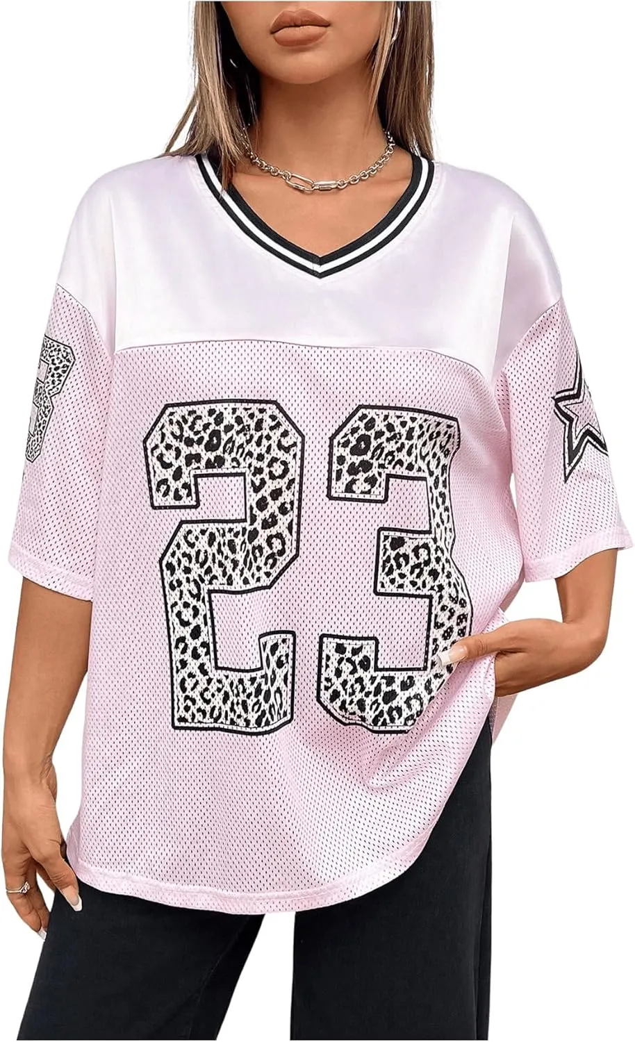 Verdusa Women's Jersey Shirt Oversized Tshirts V Neck 3/4 Sleeve Graphic Tee Tops