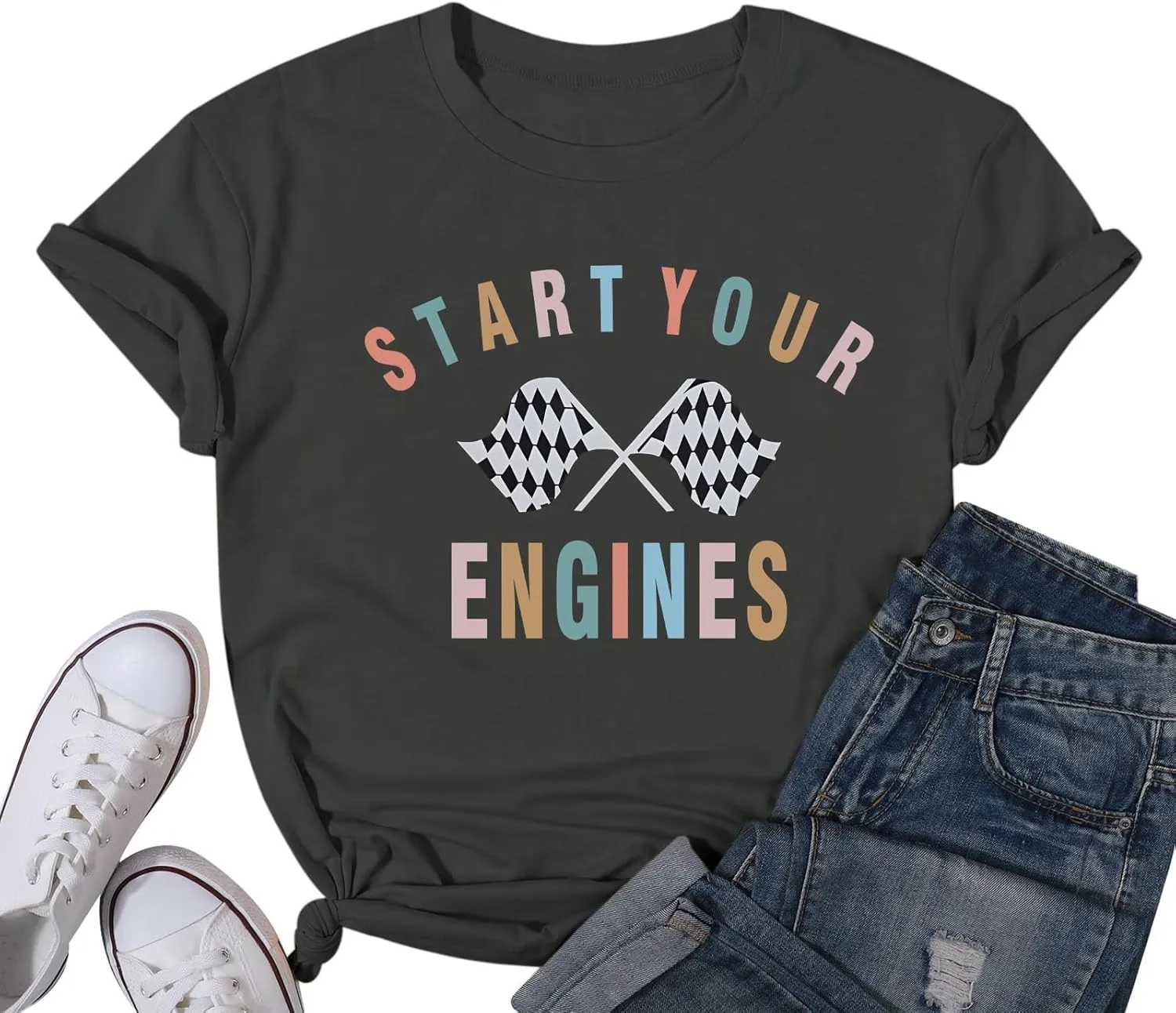 Vintage Racing Shirt Checkered Flag Graphic Tees Womens Start Your Engines Tshirt Race Day Shirts Short Sleeve Tops