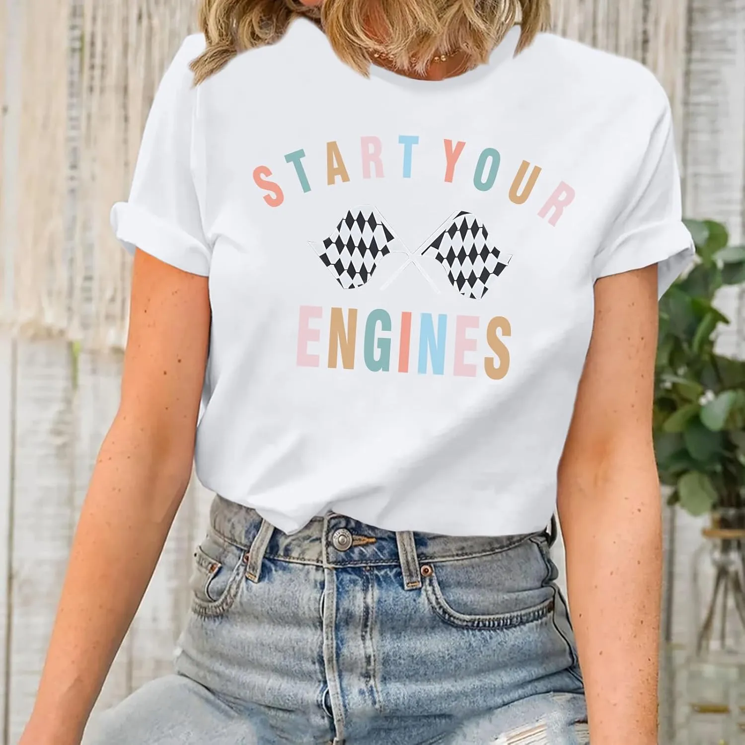 Vintage Racing Shirt Checkered Flag Graphic Tees Womens Start Your Engines Tshirt Race Day Shirts Short Sleeve Tops