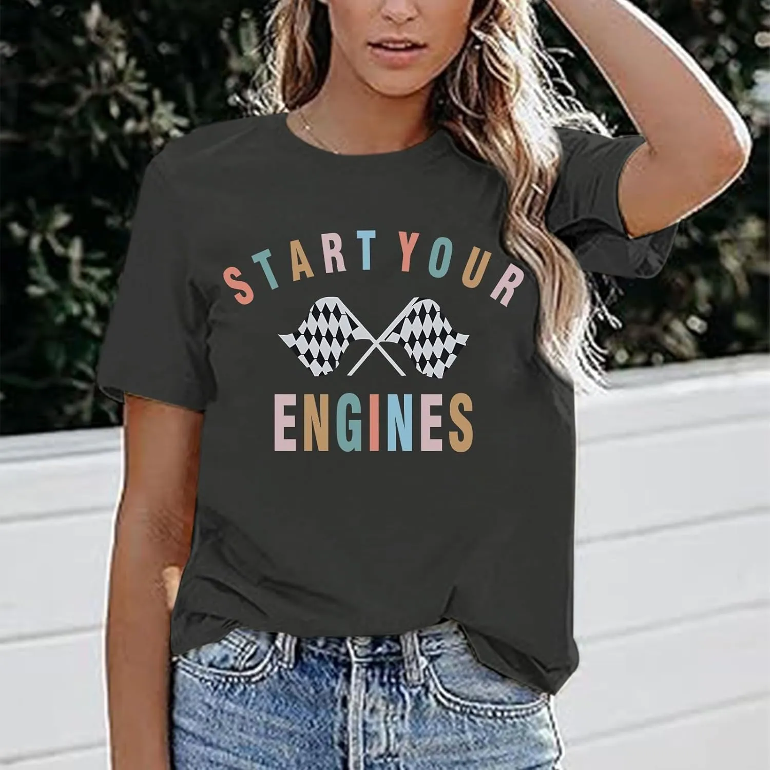 Vintage Racing Shirt Checkered Flag Graphic Tees Womens Start Your Engines Tshirt Race Day Shirts Short Sleeve Tops