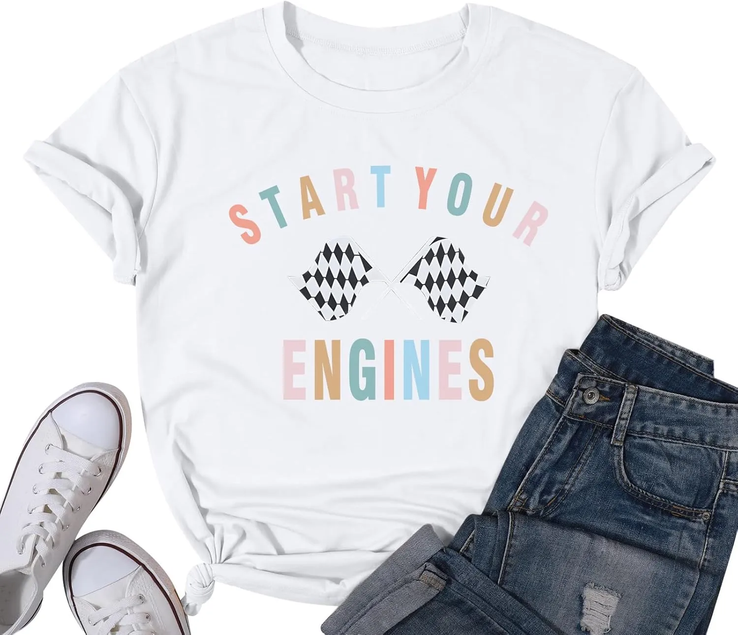 Vintage Racing Shirt Checkered Flag Graphic Tees Womens Start Your Engines Tshirt Race Day Shirts Short Sleeve Tops