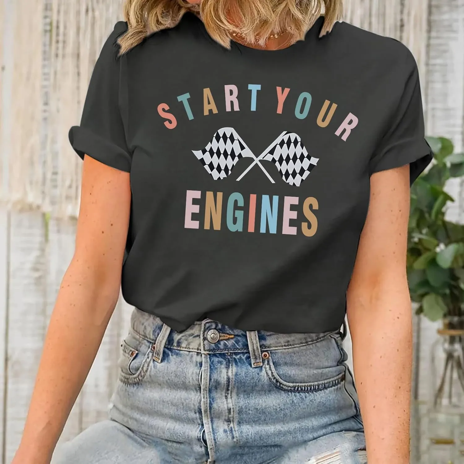Vintage Racing Shirt Checkered Flag Graphic Tees Womens Start Your Engines Tshirt Race Day Shirts Short Sleeve Tops