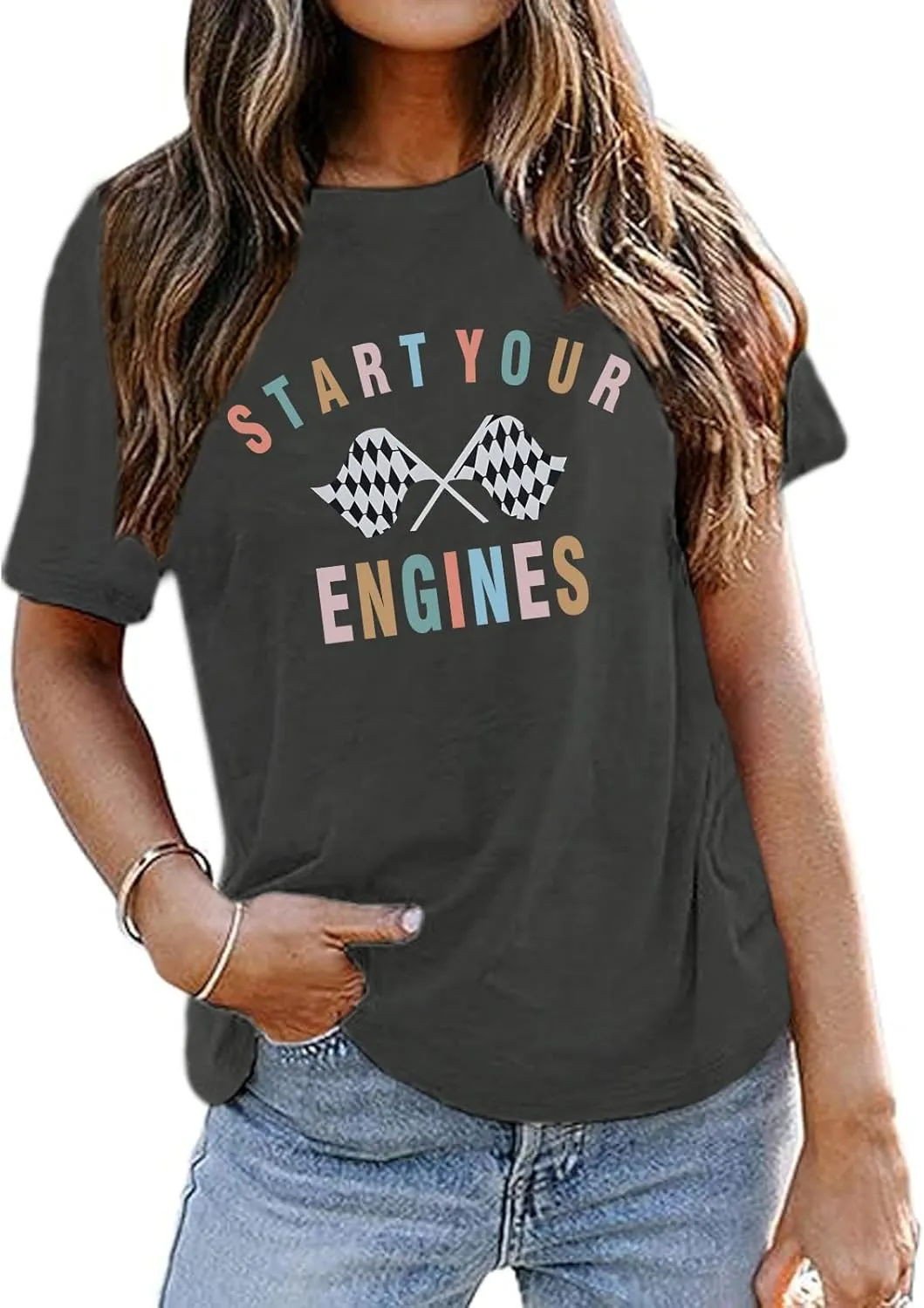 Vintage Racing Shirt Checkered Flag Graphic Tees Womens Start Your Engines Tshirt Race Day Shirts Short Sleeve Tops