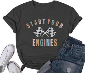 Vintage Racing Shirt Checkered Flag Graphic Tees Womens Start Your Engines Tshirt Race Day Shirts Short Sleeve Tops