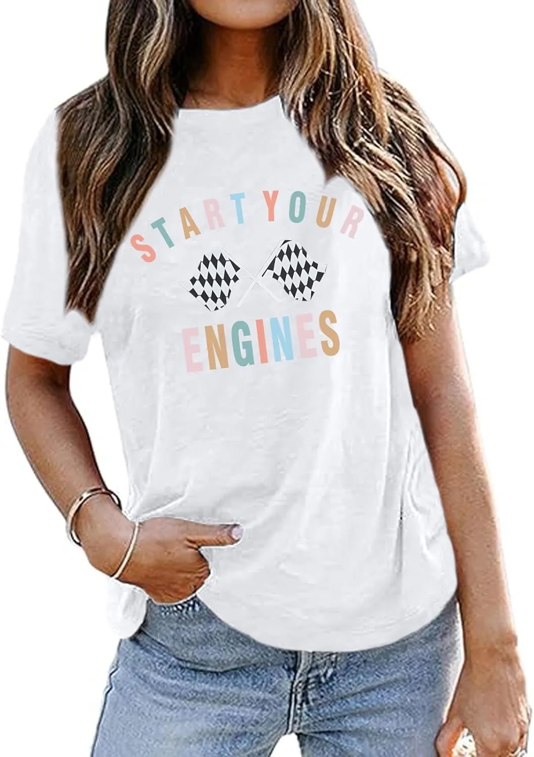 Vintage Racing Shirt Checkered Flag Graphic Tees Womens Start Your Engines Tshirt Race Day Shirts Short Sleeve Tops