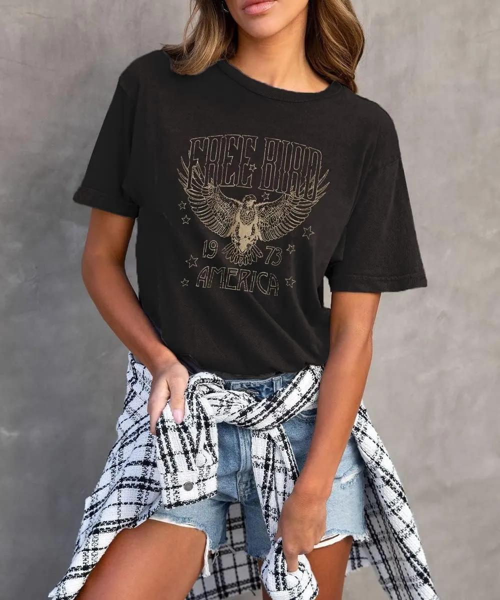 Vintage Rock Band Tshirts Women Retro Free Bird Western Graphic Tees Country Music Shirts Casual Short Sleeve Tops