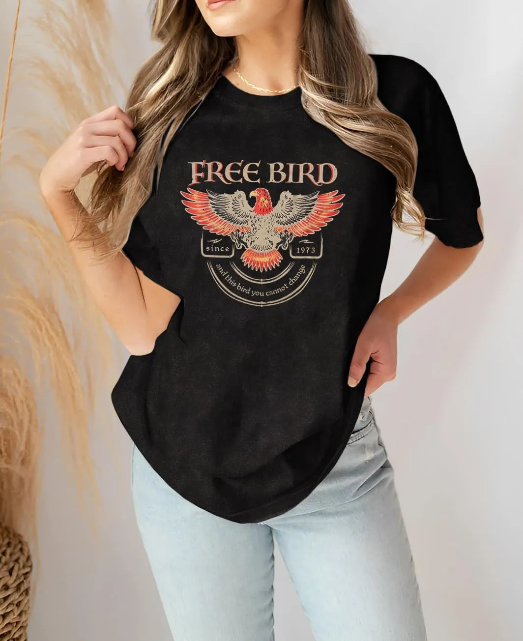 Vintage Rock Band Tshirts Women Retro Free Bird Western Graphic Tees Country Music Shirts Casual Short Sleeve Tops