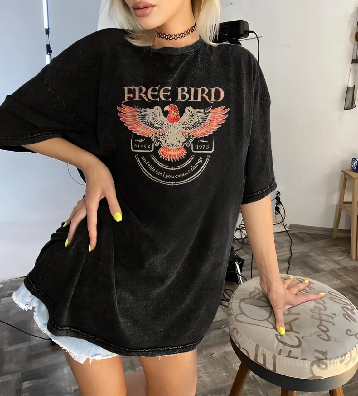 Vintage Rock Band Tshirts Women Retro Free Bird Western Graphic Tees Country Music Shirts Casual Short Sleeve Tops