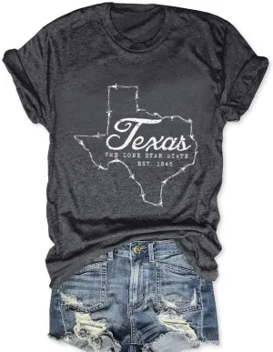 Vintage Texas T Shirt 1845 Womens Summer Funny Casual Map Graphic Tees Short Sleeve Tops