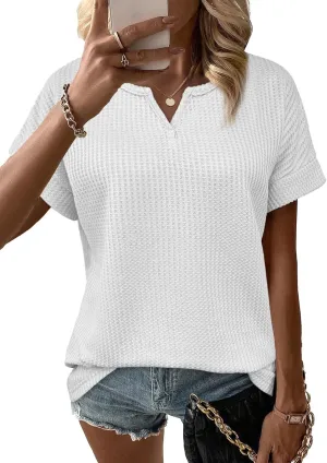 Waffle Knit Tops for Women V Neck Short Sleeve Casual Shirts Loose Summer Tunic Tops Blouses