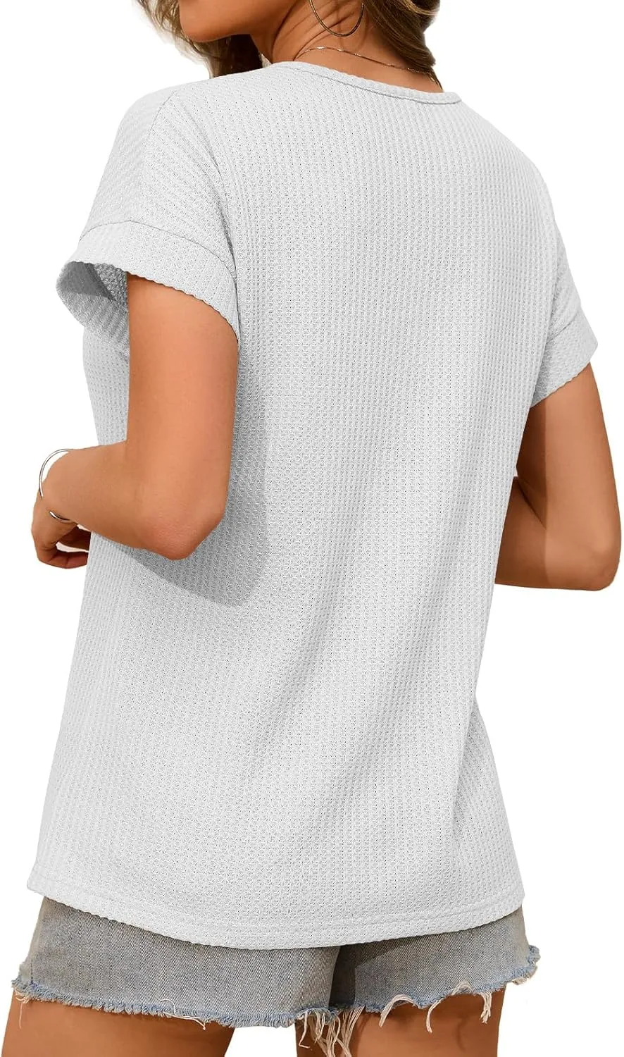 Waffle Knit Tops for Women V Neck Short Sleeve Casual Shirts Loose Summer Tunic Tops Blouses