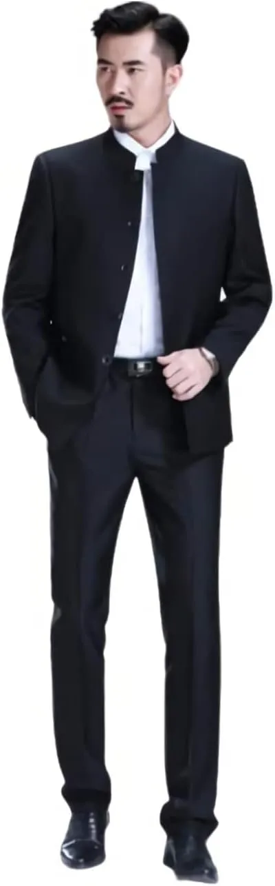 Wangyue Men's Chinese Tunic Suit Stand Collar Slim Fit 2 Piece Suits Front Button Blazer Pant Set