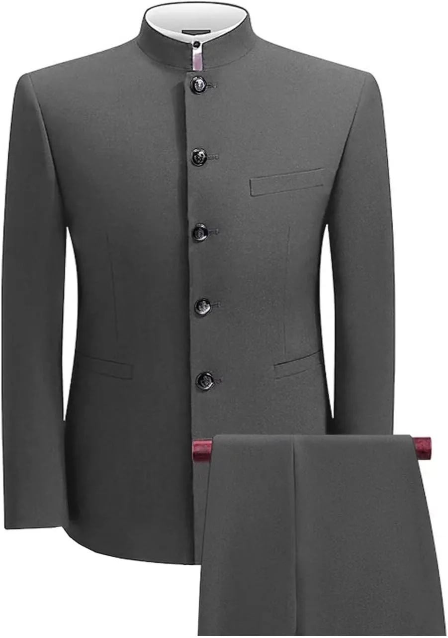 Wangyue Men's Chinese Tunic Suit Stand Collar Slim Fit 2 Piece Suits Front Button Blazer Pant Set