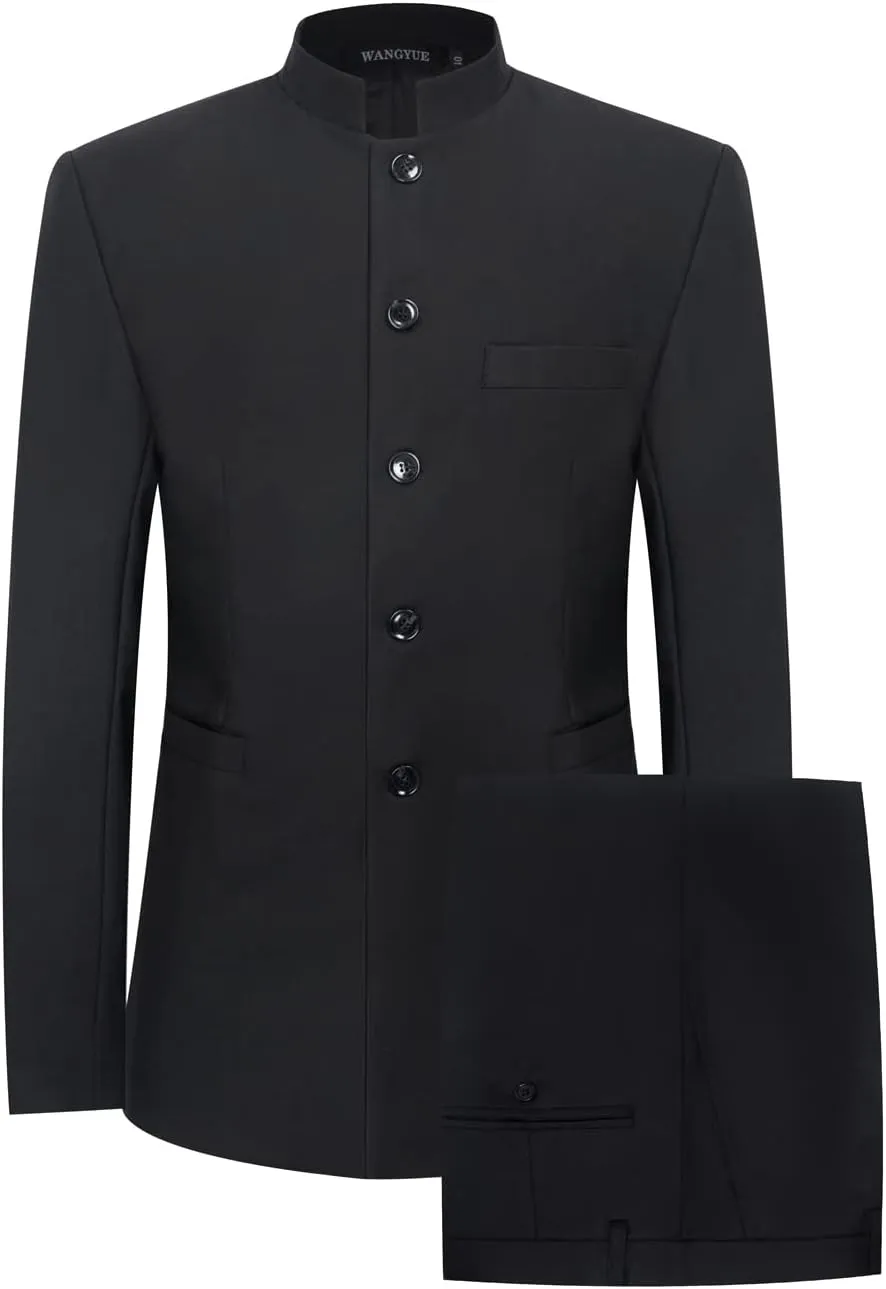 Wangyue Men's Chinese Tunic Suit Stand Collar Slim Fit 2 Piece Suits Front Button Blazer Pant Set