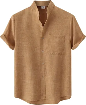 Wankang Mens Summer Casual Linen Shirts Short Sleeve Button Up Beach T Shirts Collared Tees Pocket Hawaiian Shirt for Men