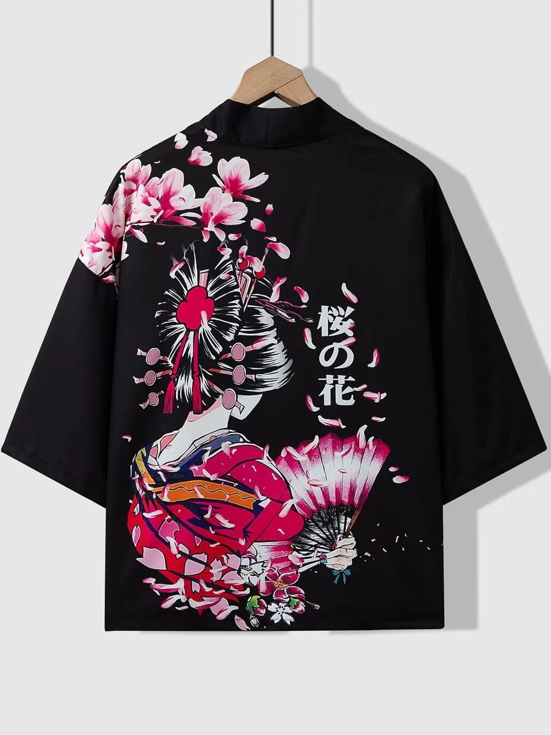 WDIRARA Men's Floral and Crane Print Japanese Style Kimono Tee
