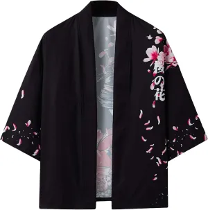 WDIRARA Men's Floral and Crane Print Japanese Style Kimono Tee