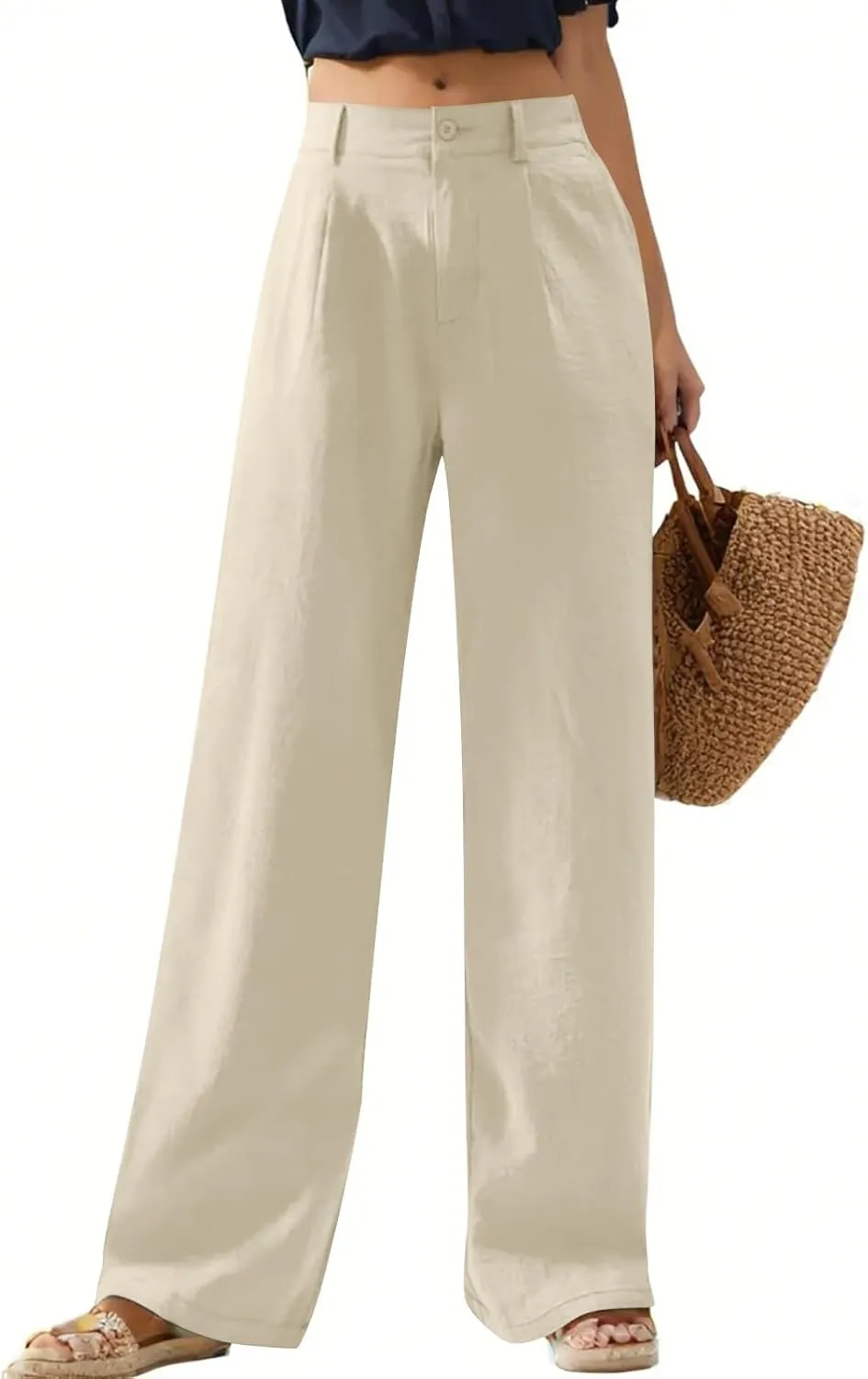 Wide Leg Linen Pants for Women Dressy Button Down High Waisted Palazzo Pants Summer Work Trousers Slacks with Pockets