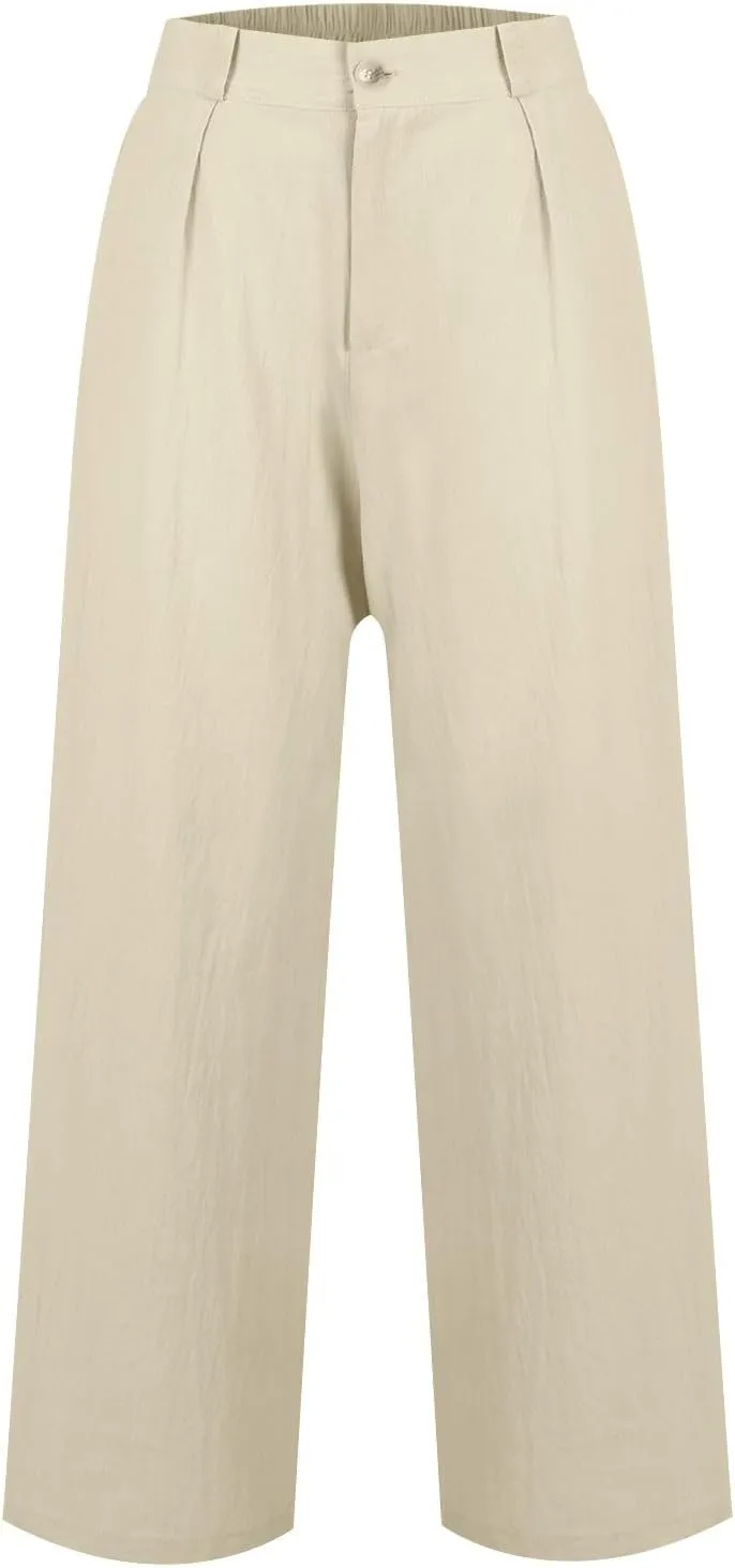 Wide Leg Linen Pants for Women Dressy Button Down High Waisted Palazzo Pants Summer Work Trousers Slacks with Pockets