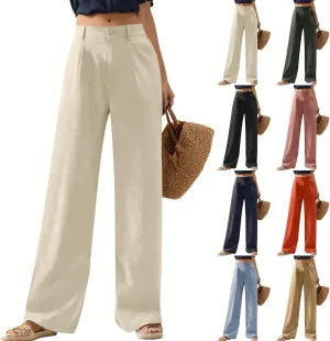 Wide Leg Linen Pants for Women Dressy Button Down High Waisted Palazzo Pants Summer Work Trousers Slacks with Pockets