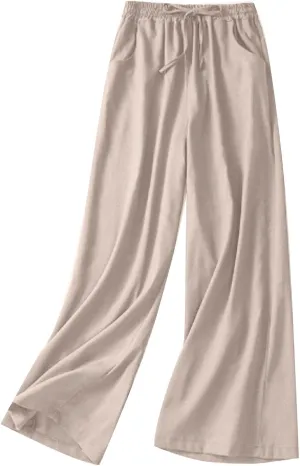Wide Leg Linen Pants for Women Elastic Waist Drawstring Straight Leg Lounge Trousers Summer Palazzo Pants