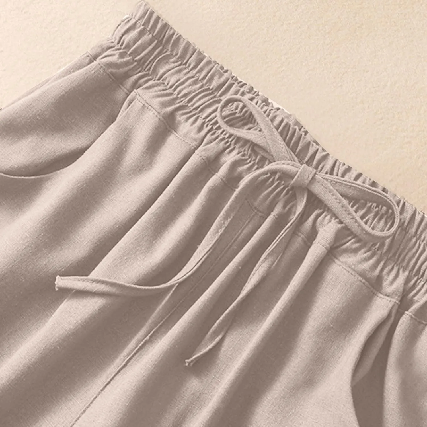 Wide Leg Linen Pants for Women Elastic Waist Drawstring Straight Leg Lounge Trousers Summer Palazzo Pants