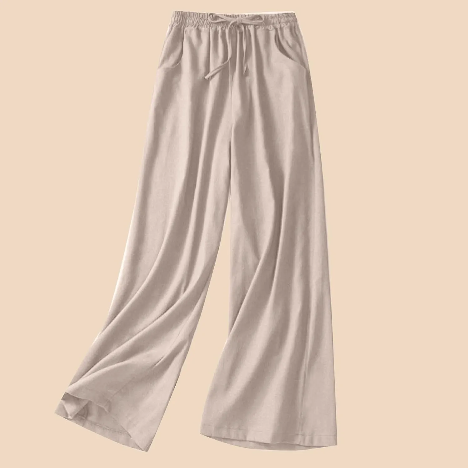 Wide Leg Linen Pants for Women Elastic Waist Drawstring Straight Leg Lounge Trousers Summer Palazzo Pants