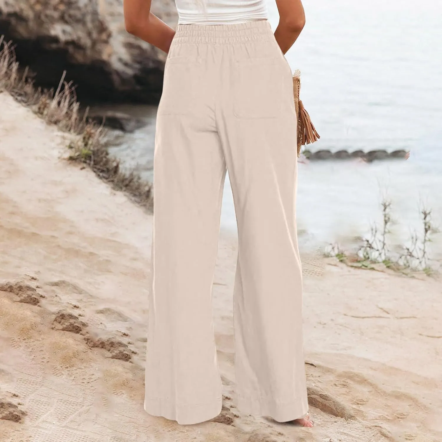 Wide Leg Linen Pants for Women Smocked Elastic High Waisted Palazzo Pants Summer Flowy Beach Trousers with Pockets