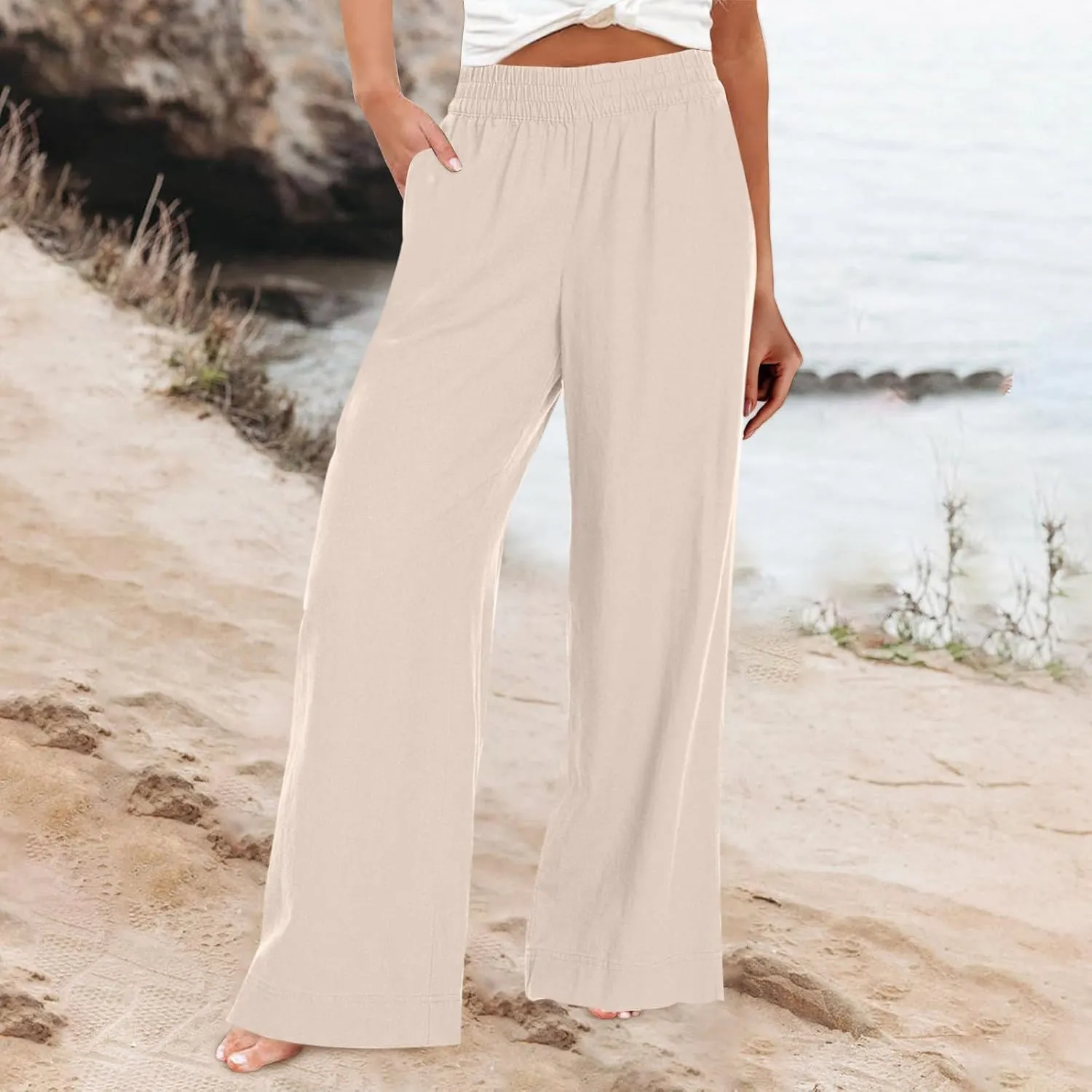 Wide Leg Linen Pants for Women Smocked Elastic High Waisted Palazzo Pants Summer Flowy Beach Trousers with Pockets