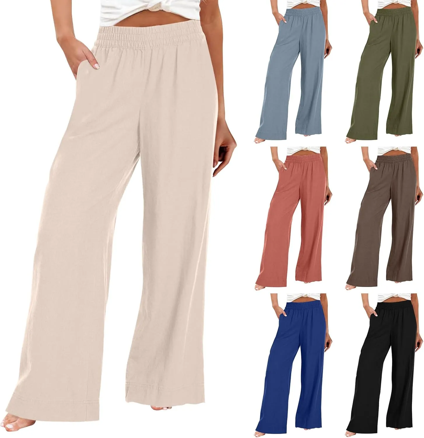 Wide Leg Linen Pants for Women Smocked Elastic High Waisted Palazzo Pants Summer Flowy Beach Trousers with Pockets