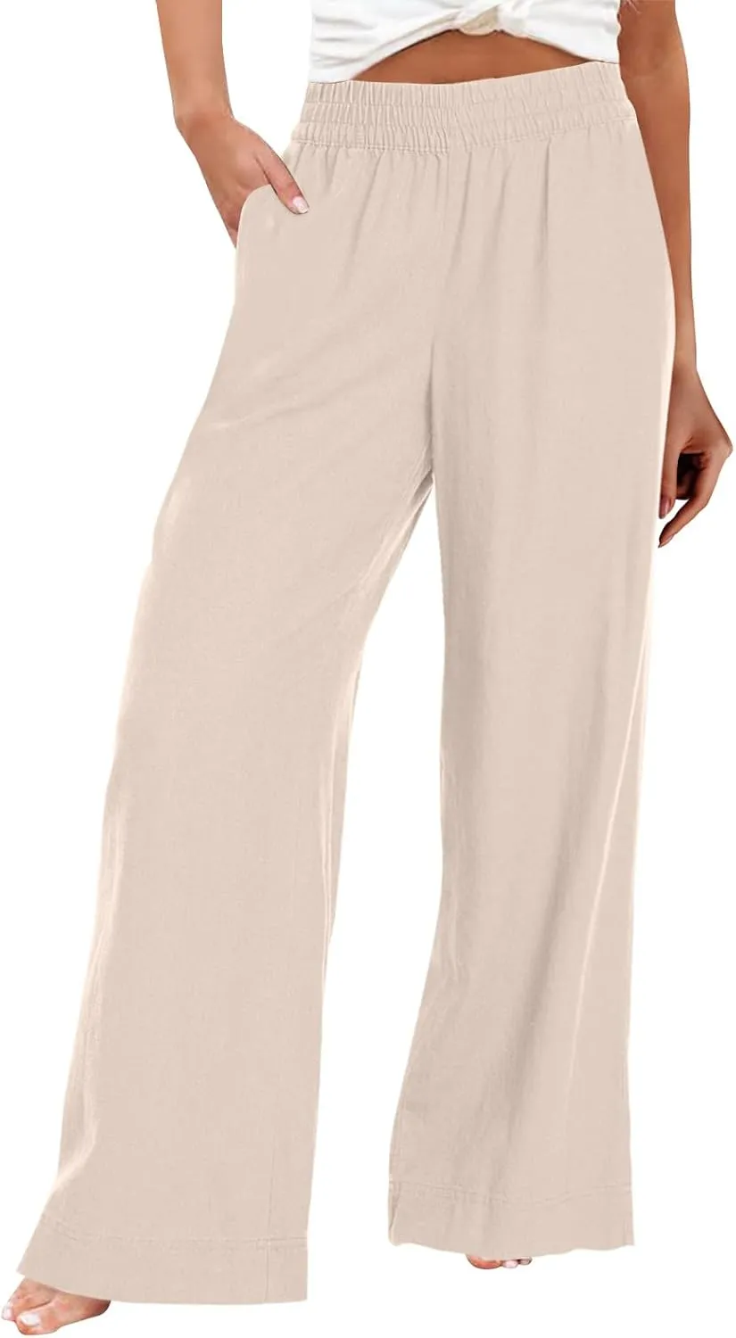 Wide Leg Linen Pants for Women Smocked Elastic High Waisted Palazzo Pants Summer Flowy Beach Trousers with Pockets