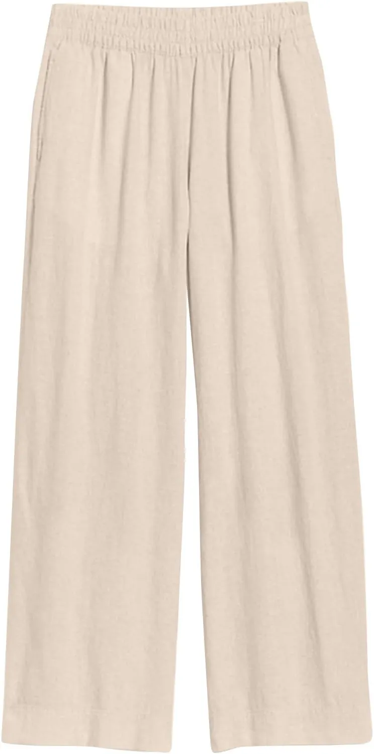 Wide Leg Linen Pants for Women Smocked Elastic High Waisted Palazzo Pants Summer Flowy Beach Trousers with Pockets