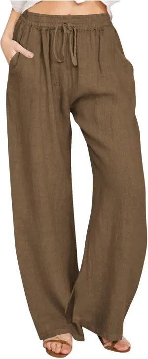 Wide Leg Linen Pants for Women Summer High Waisted Elastic Pant Flowy Comfty Casual Drawstring Trousers with Pockets