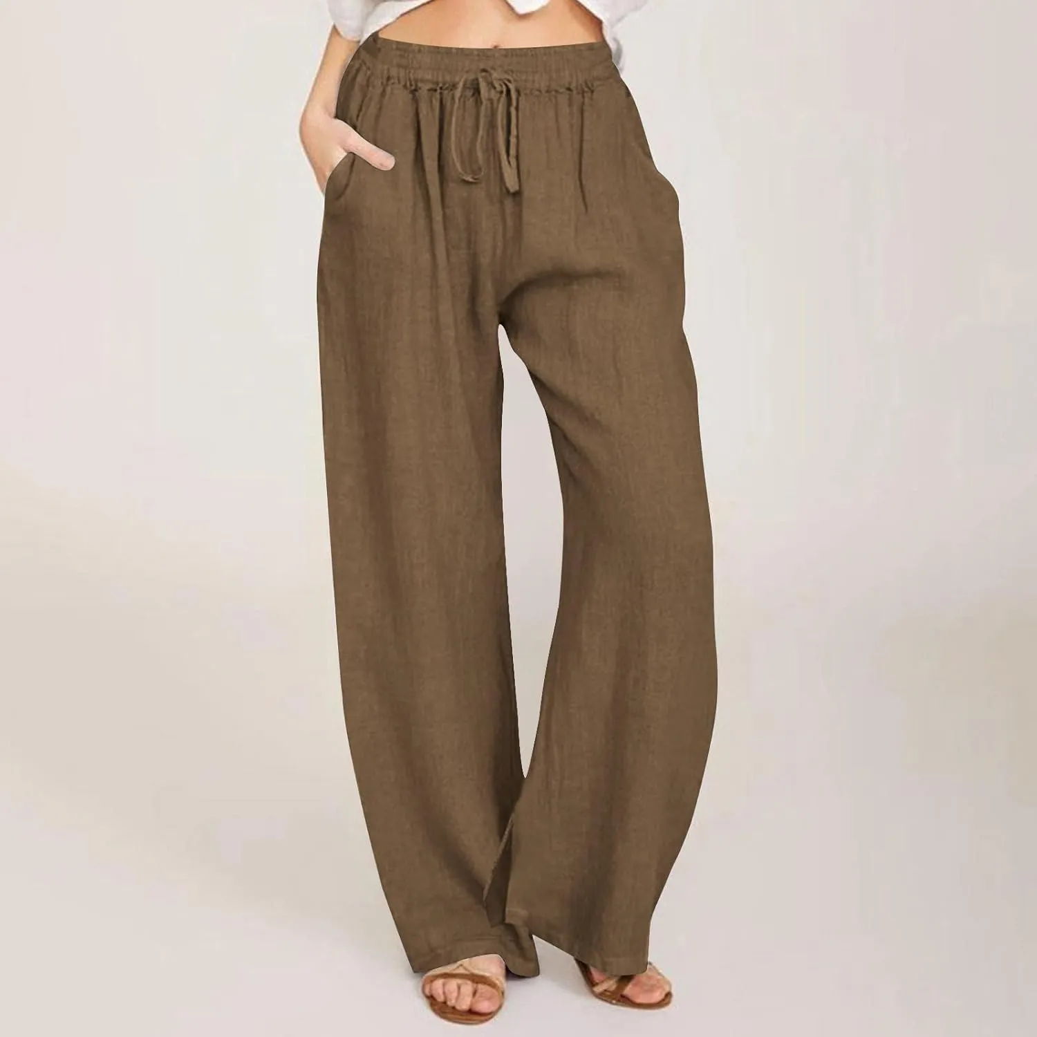 Wide Leg Linen Pants for Women Summer High Waisted Elastic Pant Flowy Comfty Casual Drawstring Trousers with Pockets