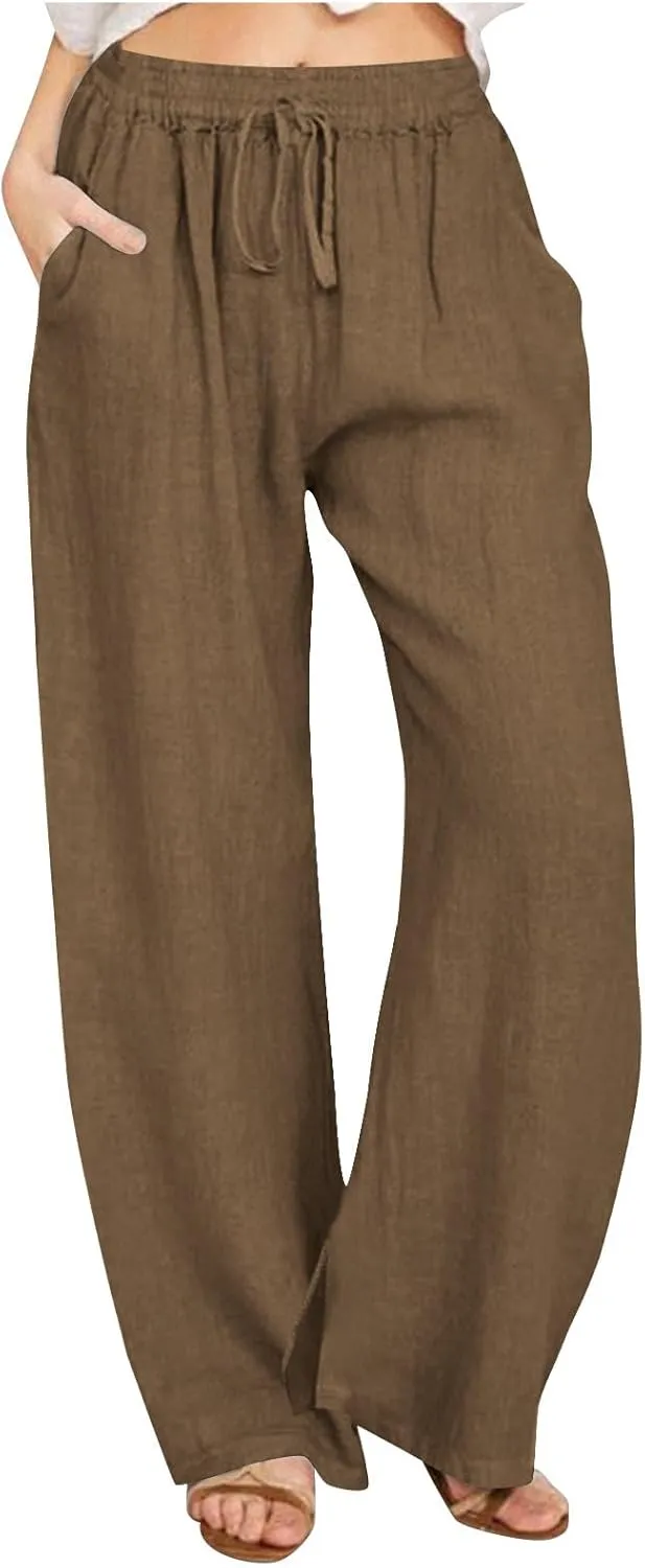 Wide Leg Linen Pants for Women Summer High Waisted Elastic Pant Flowy Comfty Casual Drawstring Trousers with Pockets