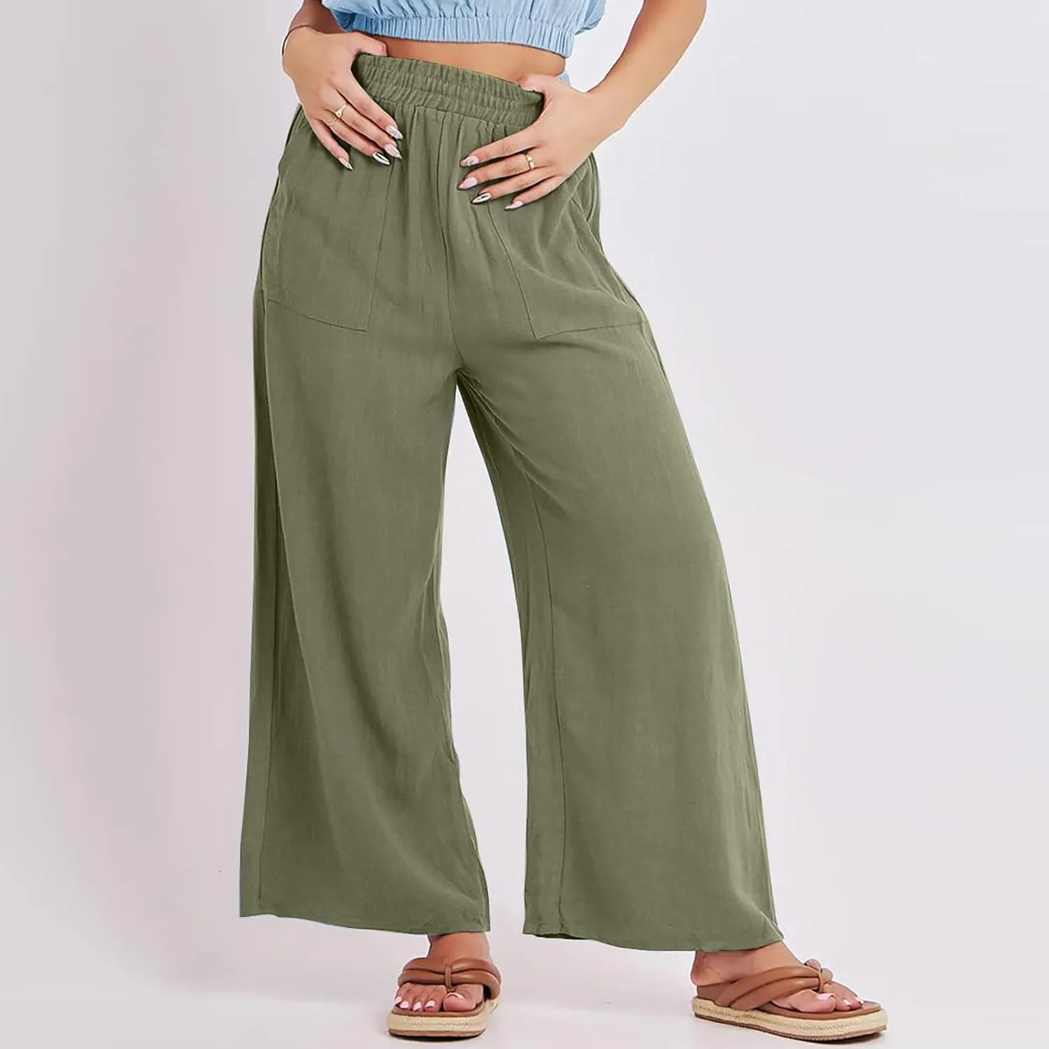 Wide Leg Linen Pants for Women Summer Palazzo Flowy Capri Palazzo Flowy Pants Casual High Waist Trousers with Pockets
