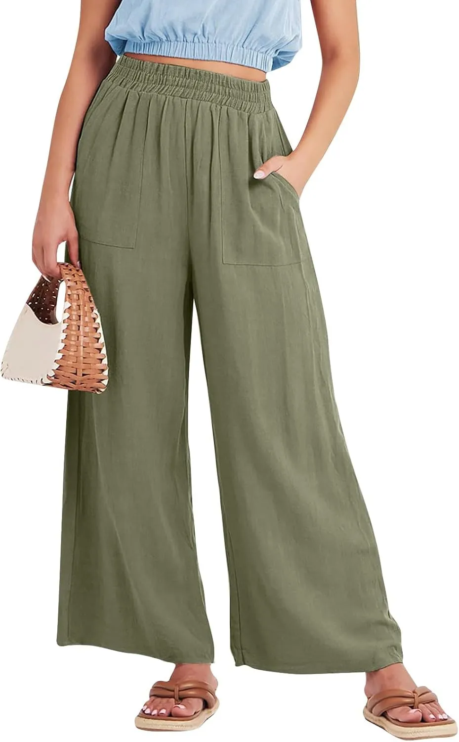 Wide Leg Linen Pants for Women Summer Palazzo Flowy Capri Palazzo Flowy Pants Casual High Waist Trousers with Pockets