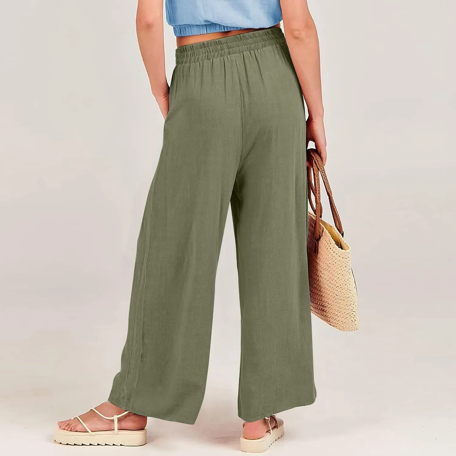 Wide Leg Linen Pants for Women Summer Palazzo Flowy Capri Palazzo Flowy Pants Casual High Waist Trousers with Pockets