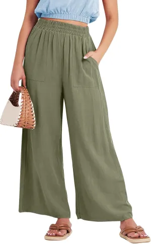 Wide Leg Linen Pants for Women Summer Palazzo Flowy Capri Palazzo Flowy Pants Casual High Waist Trousers with Pockets
