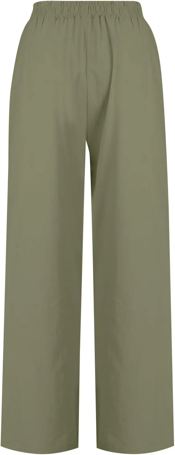 Wide Leg Linen Pants for Women Summer Palazzo Flowy Capri Palazzo Flowy Pants Casual High Waist Trousers with Pockets