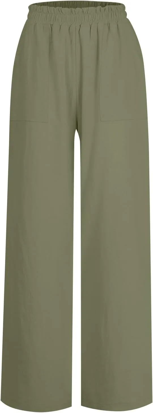 Wide Leg Linen Pants for Women Summer Palazzo Flowy Capri Palazzo Flowy Pants Casual High Waist Trousers with Pockets