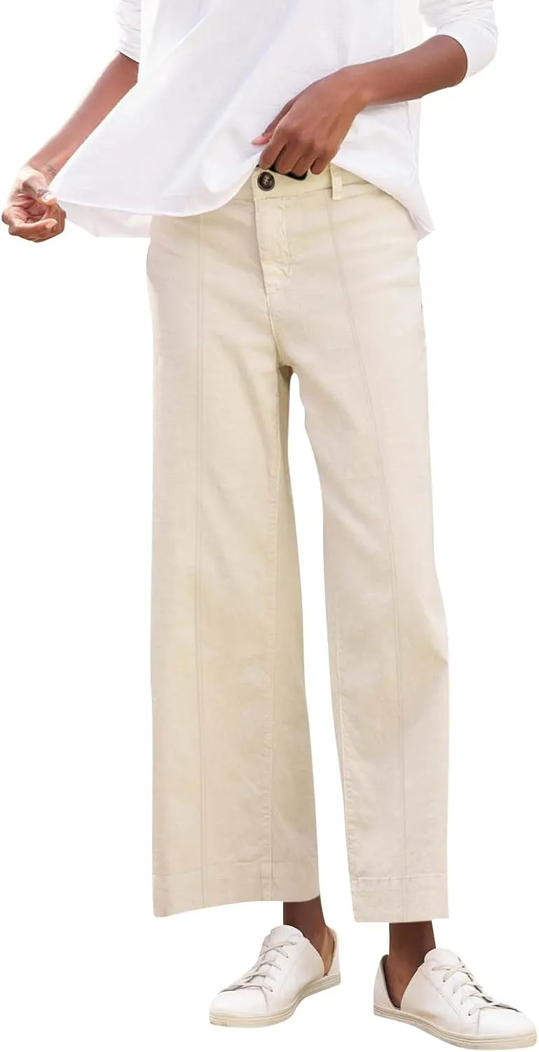 Wide Leg Linen Pants Women Cropped Elastic High Waisted Dress Pants Business Casual Comfy Work Pants with Pockets