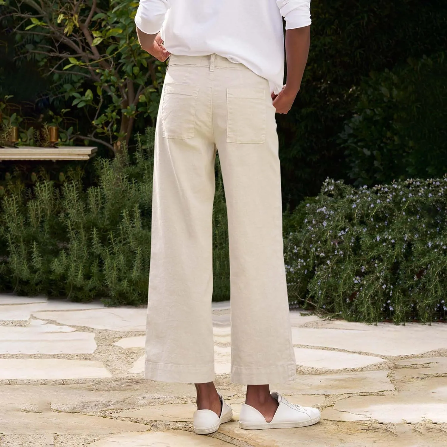 Wide Leg Linen Pants Women Cropped Elastic High Waisted Dress Pants Business Casual Comfy Work Pants with Pockets