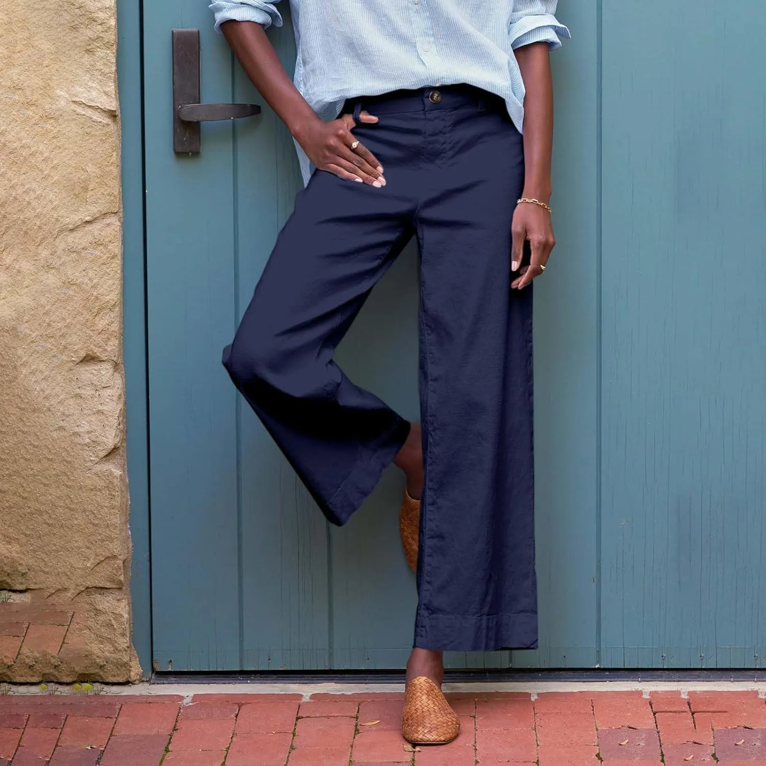 Wide Leg Linen Pants Women Cropped Elastic High Waisted Dress Pants Business Casual Comfy Work Pants with Pockets
