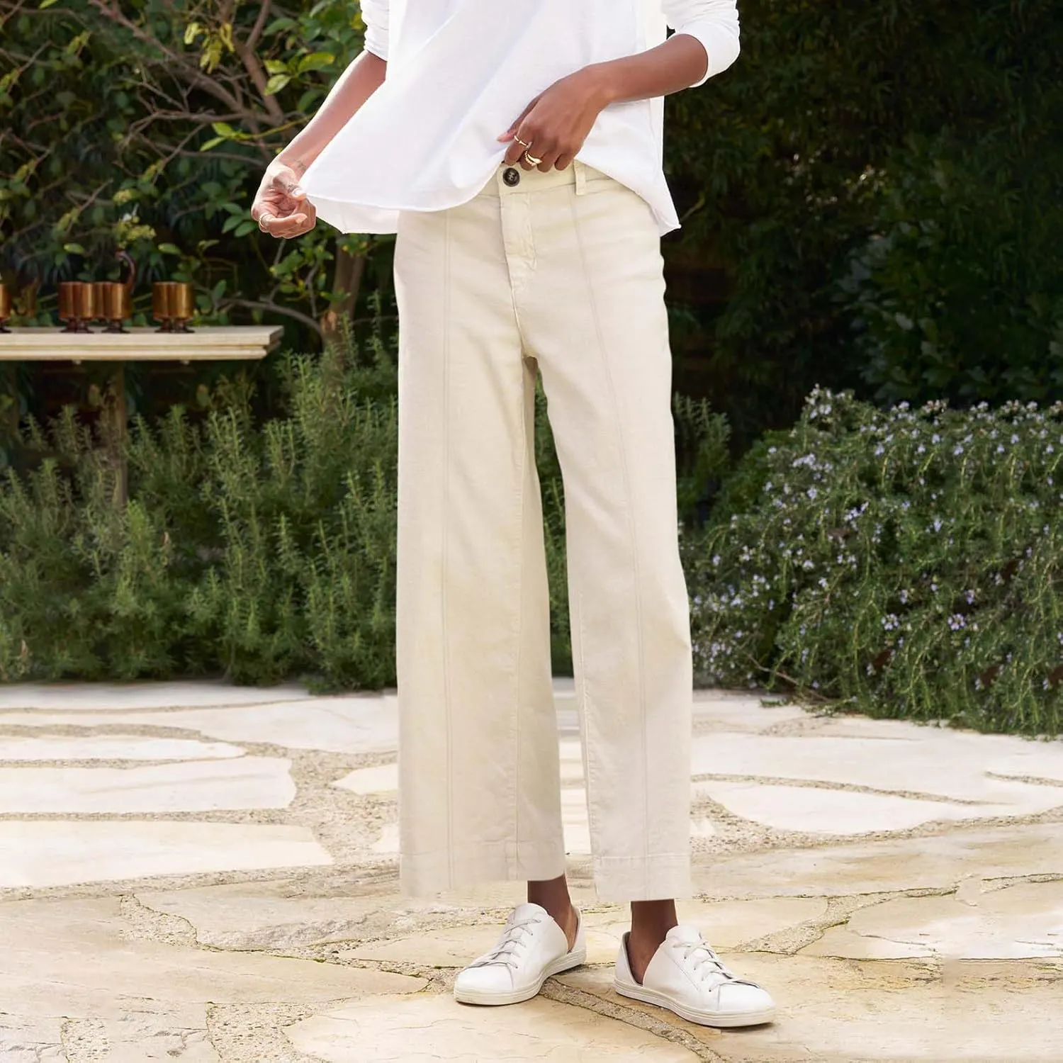Wide Leg Linen Pants Women Cropped Elastic High Waisted Dress Pants Business Casual Comfy Work Pants with Pockets