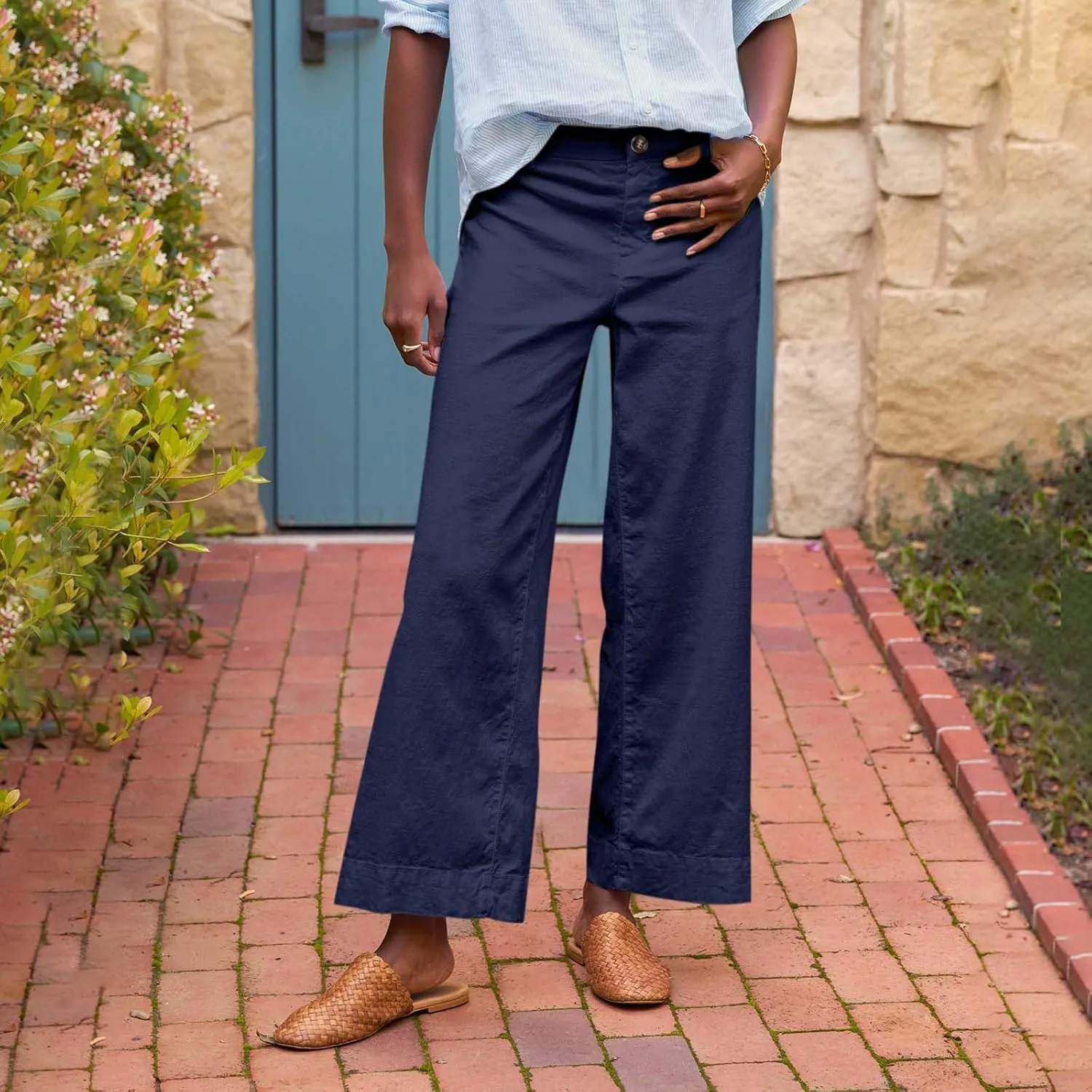Wide Leg Linen Pants Women Cropped Elastic High Waisted Dress Pants Business Casual Comfy Work Pants with Pockets